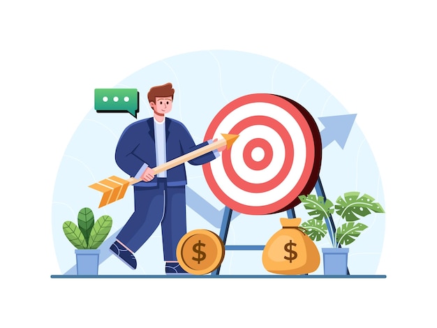 Vector businessman holding an arrow and aiming it at a target business target strategy concept