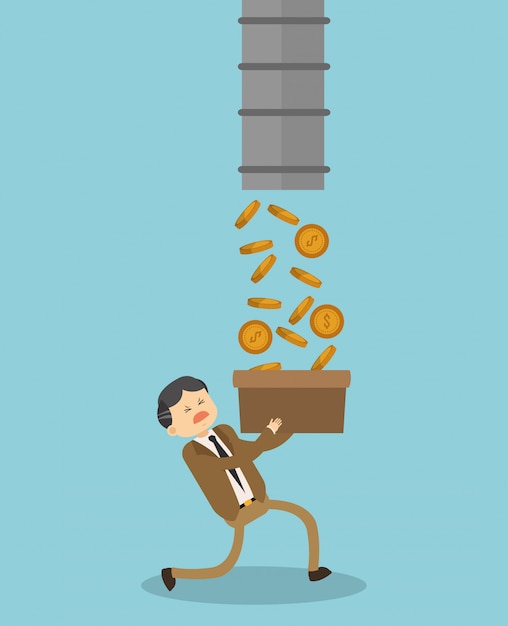 Vector businessman holding a box with coins