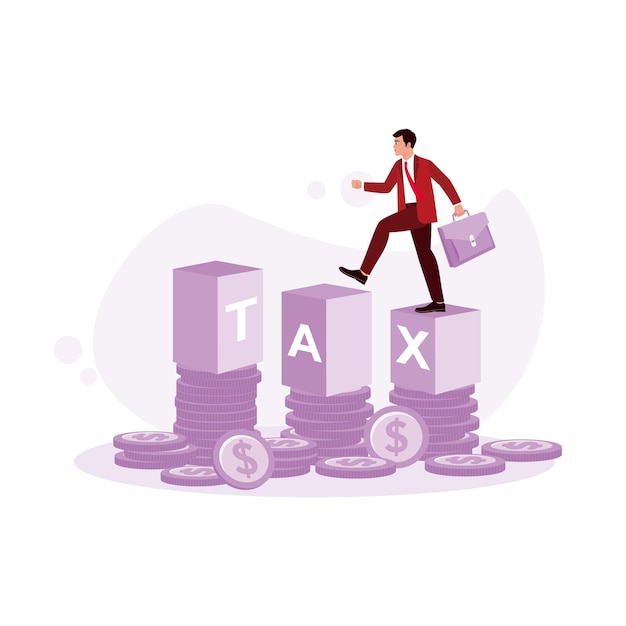 Businessman holding a briefcase and walking on a wooden block with the word TAX on a pile of coins