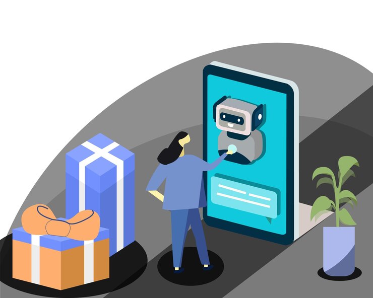 Vector businessman holding chatbot with chat box