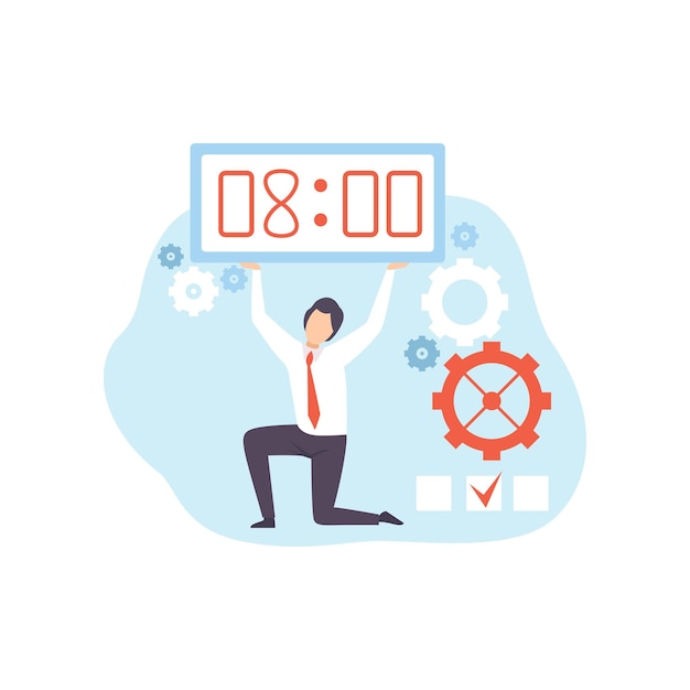 Vector businessman holding digital clock office worker planning organizing controlling working time business concept of time management vector illustration on white background