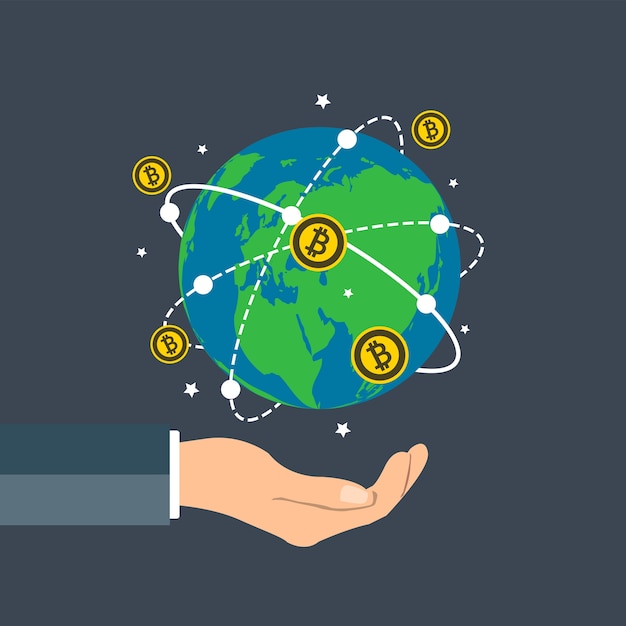 Businessman holding earth globe bitcoin concept around