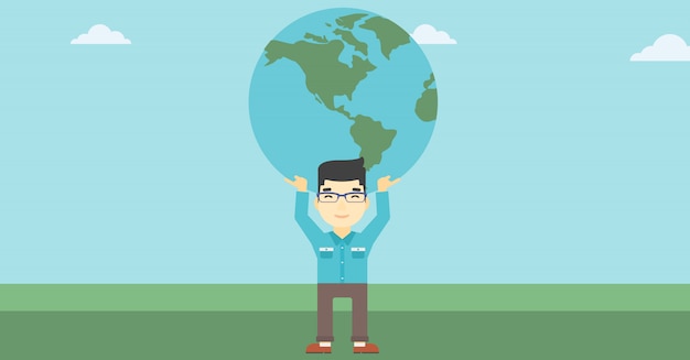 Vector businessman holding earth globe.