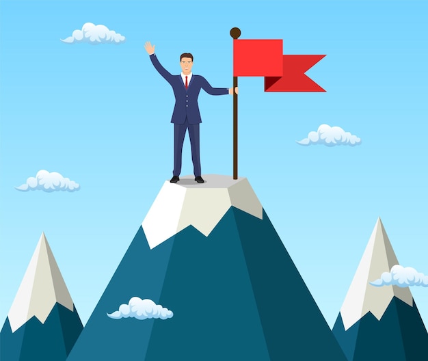 Businessman holding a flag on mountain peak