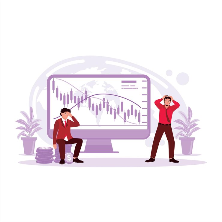 Vector businessman holding head with the screen of the declining stock market business chart