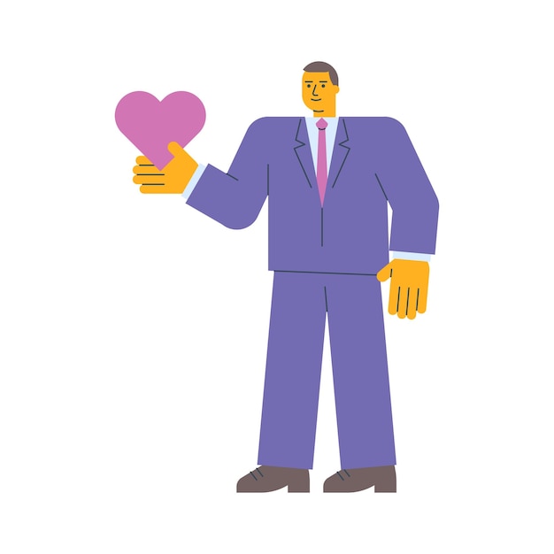 Businessman holding heart and smiles