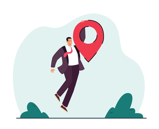 Businessman holding on to huge location pin. Male user of navigation app with destination mark flat vector illustration. Technology, transportation concept for banner, website design or landing page