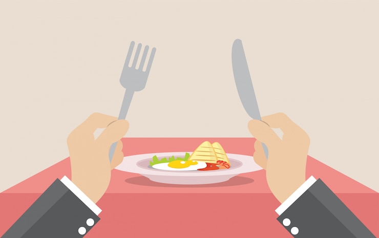 Vector businessman holding knife and fork to eat breakfast in the dish.