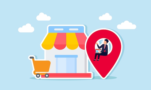 A businessman holding a laptop sitting at a supermarket location