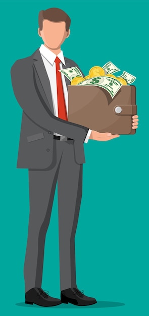 Businessman holding leather wallet full of gold coins