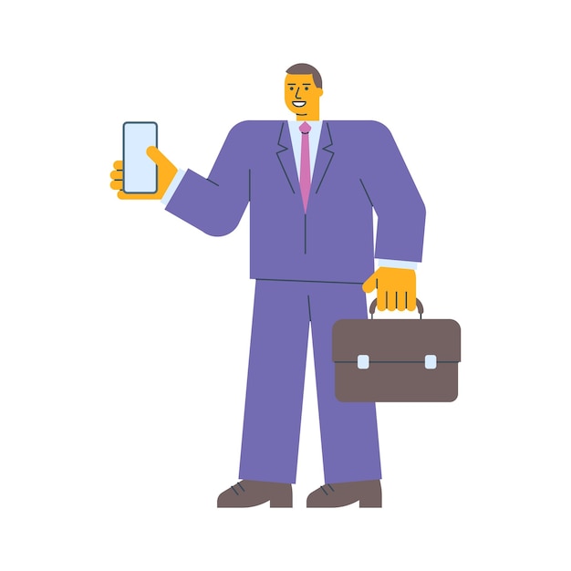 Businessman holding mobile phone holding suitcase