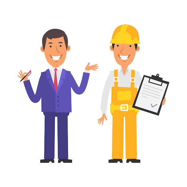 Businessman holding pen and smiling Builder holds tablet and smiles Vector characters