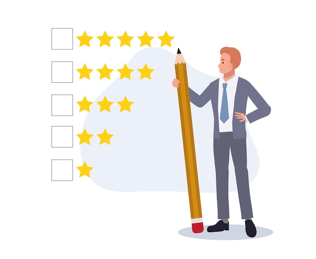 Businessman holding pencil to evaluate star feedbackgiving stars quality result rate the service concept vector illustration