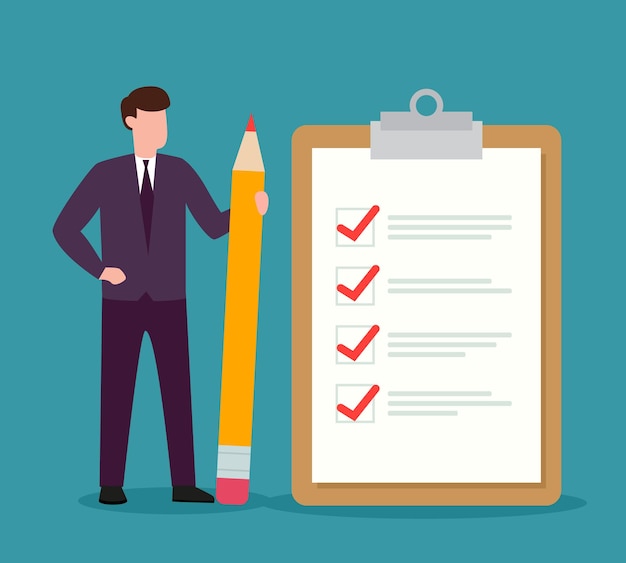 Vector businessman holding a pencil and standing with completed checklist flat design vector illustration
