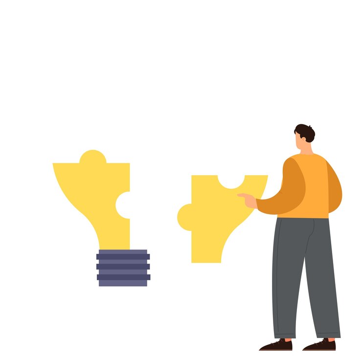 Vector businessman holding puzzle pieces looking for a solution vector illustration in a flat style