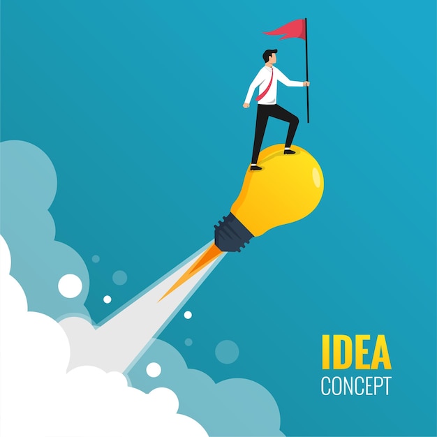 Businessman holding red flag standing on light bulb idea concept. Launching idea for success  illustration.