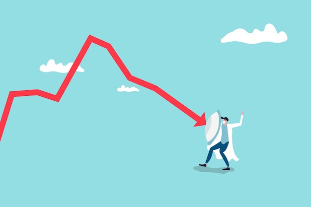 Vettore imprenditore in possesso di scudo per coprire e proteggere dalla flessione freccia protezione o stock difensivo in crisi economica