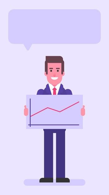 Vector businessman holding sign with positive business graph