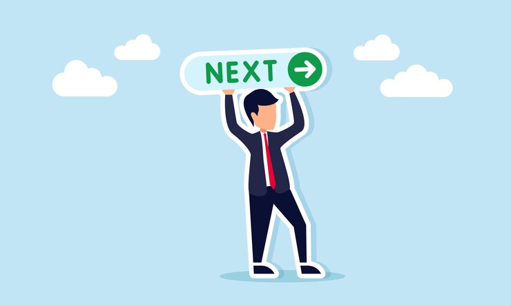 वेक्टर businessman holding a sign with the word next and an arrow pointing forward illustration of a call persuasion or campaign to continue business work