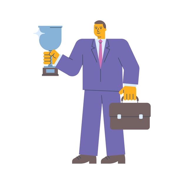 Businessman holding silver cup holding suitcase