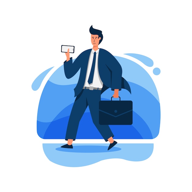 Vector businessman holding a smartphone and bag