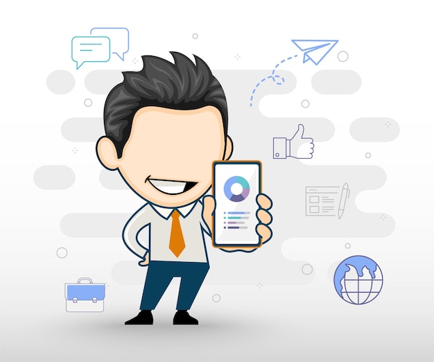 Businessman holding smartphone in hand Business character cartoon in vector style