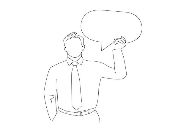 Vector businessman holding speech bubble poster on white background one line art