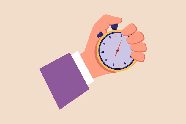 Businessman holding a stopwatch Stopwatch in hand Timer concept Vector illustration