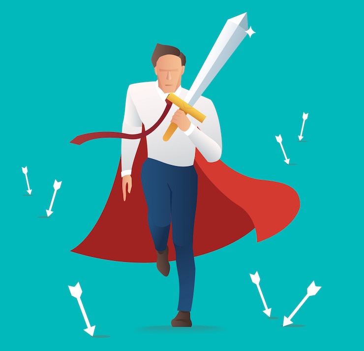 Vector businessman holding sword  with the falling arrow