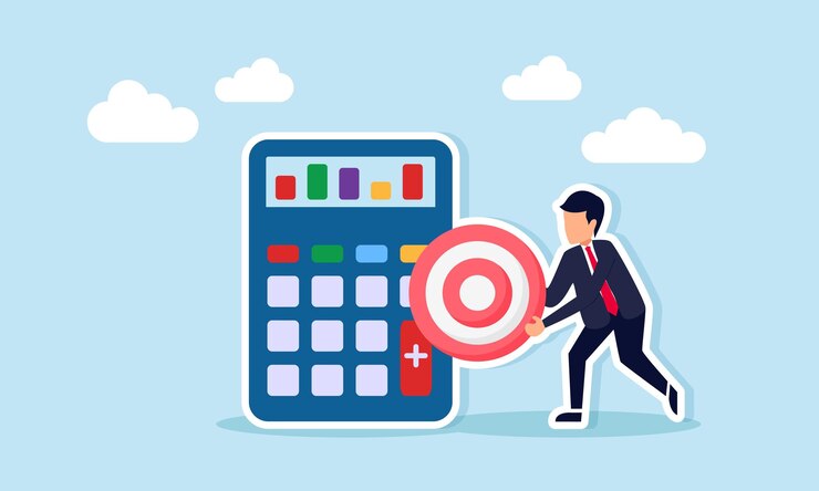Vector businessman holding target board next to calculator showing chart illustration of calculation and business decision prediction