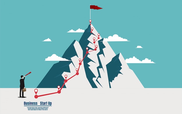 トップ山の上の旗を探して望遠鏡を保持している実業家