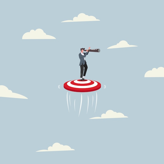 Businessman holding telescope standing on the target Search for business target or goals