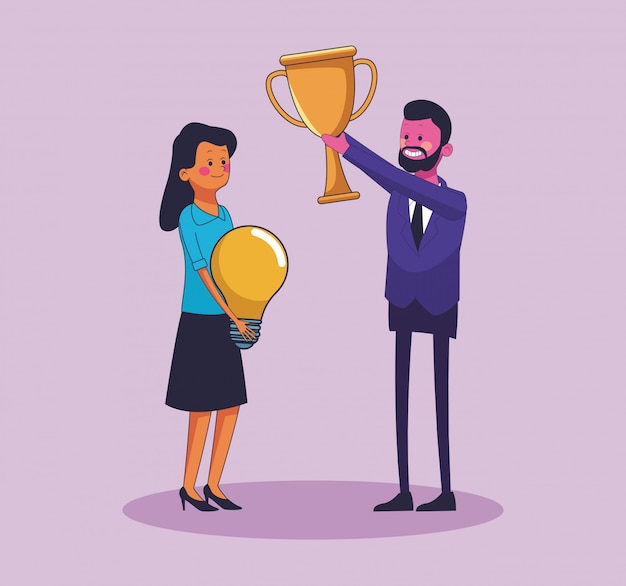 Businessman holding trophy cup and businesswoman with idea vector illustration graphic design