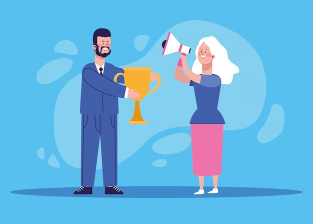 Vector businessman holding a trophy cup and woman using a megaphone