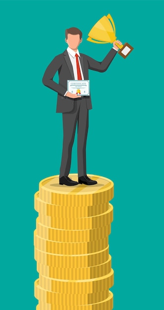 Businessman holding trophy, showing award certificate celebrates his victory. stacks of golden coins. business success triumph goal achievement. winning of competition. flat vector illustration