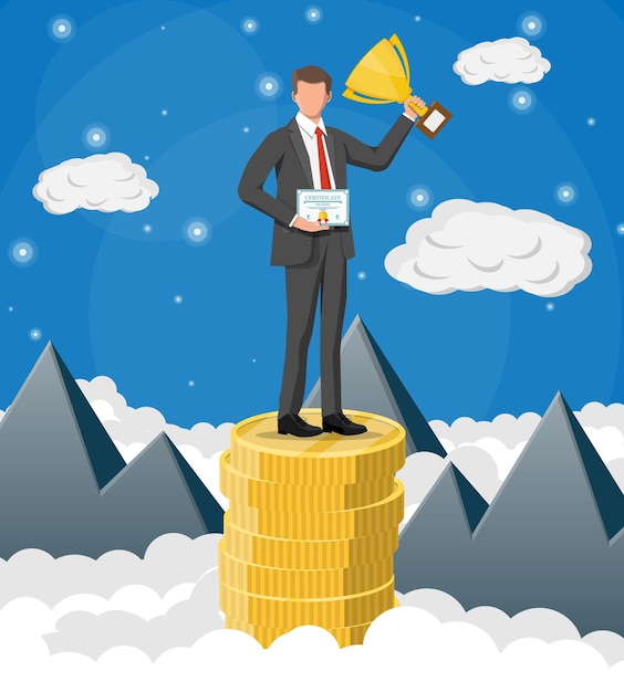 Businessman holding trophy, showing award certificate celebrates his victory. stacks of golden coins in sky. business success triumph goal achievement. winning of competition. flat vector illustration