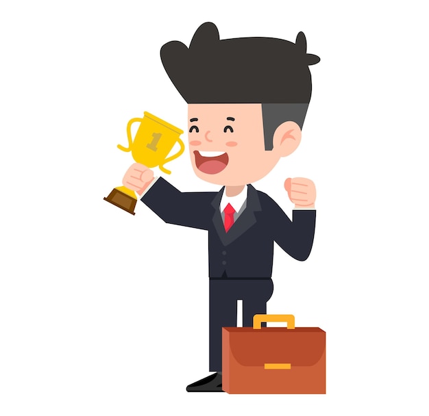 Businessman holding trophy success cartoon