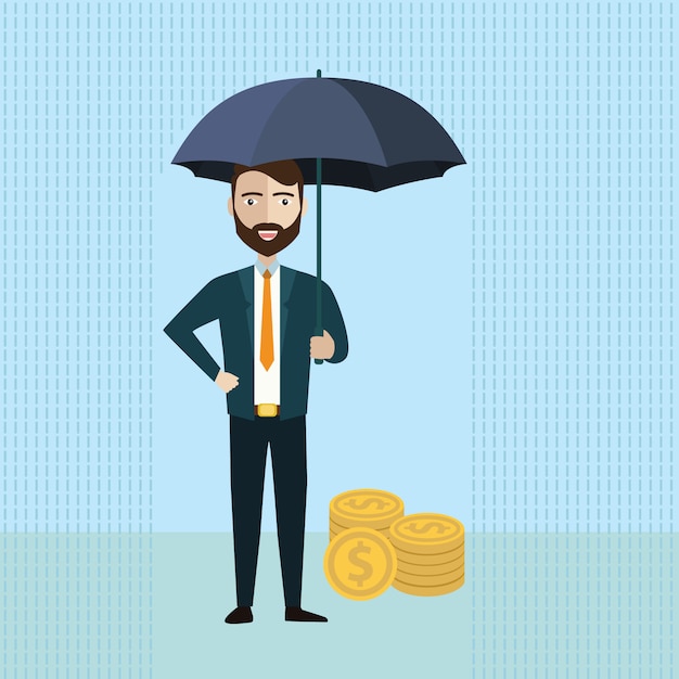 Бизнесмен держит зонтик для защиты денег