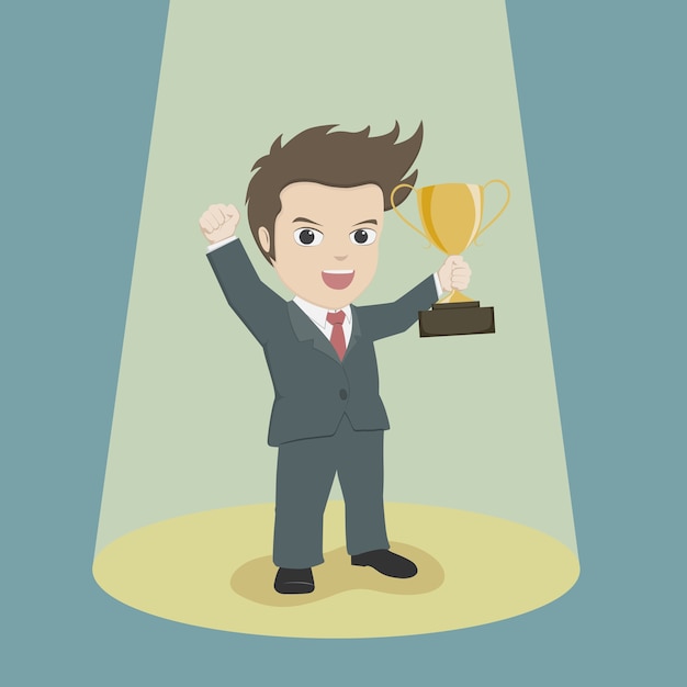 Vector businessman holding winner trophy victory concept