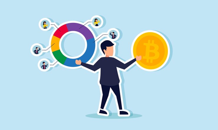 Vector a businessman holds bitcoin in one hand and a circle chart labeled with people in the other illustration of managing bitcoin asset dividend distribution