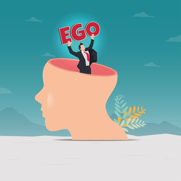 Vettore l'uomo d'affari tiene l'ego nell'illustrazione vettoriale del disegno della testa