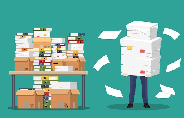 Vector businessman holds pile of office papers and documents