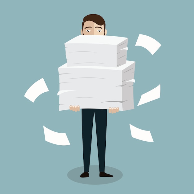 Vector businessman holds pile of office papers