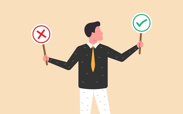 Businessman holds right or wrong options representing moral decisionmaking Stock illustration