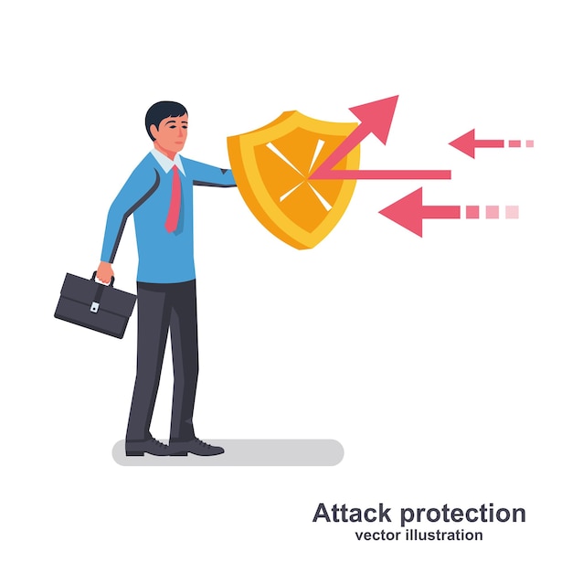 Businessman holds a shield defending from attacks Attack protection Reflection impact Vector illustration flat design Isolated on white background Successful business people