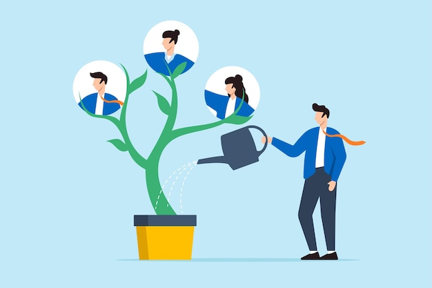 businessman hr watering and growing tree with employees in flat design