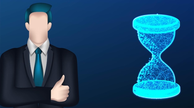 Бизнесмен Икона песочные часы Концепция времени управления бизнесом Векторная иллюстрация на темно-синем фоне