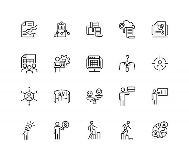 Businessman icons. set of twenty line icons. analysis, new idea, head hunting.
