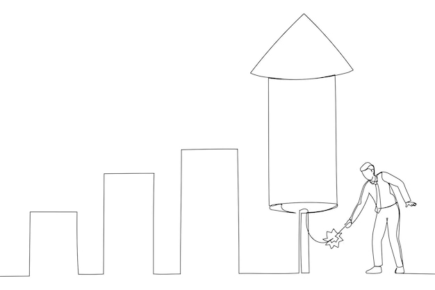 Businessman ignite firework rocket bar graph to increase company growth Single line art