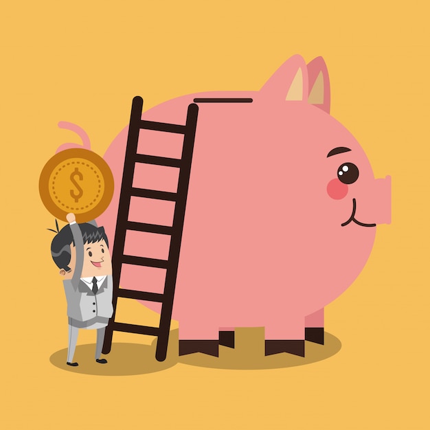 Businessman inserting coin to piggy